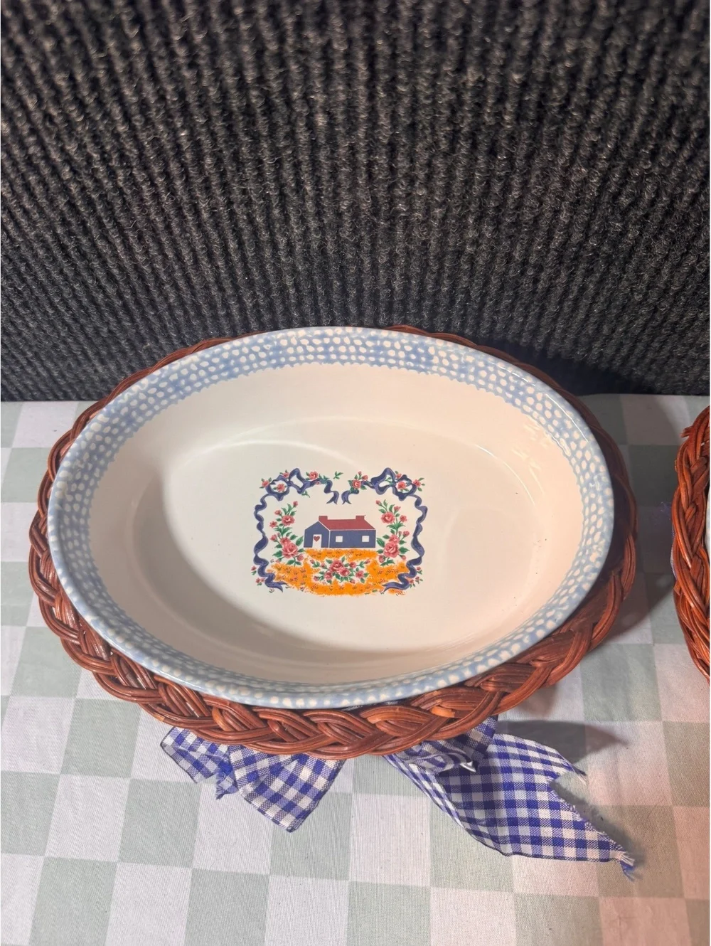 Teamson 1995 Oval Serving Bowls with Wicker Holders and Blue Gingham